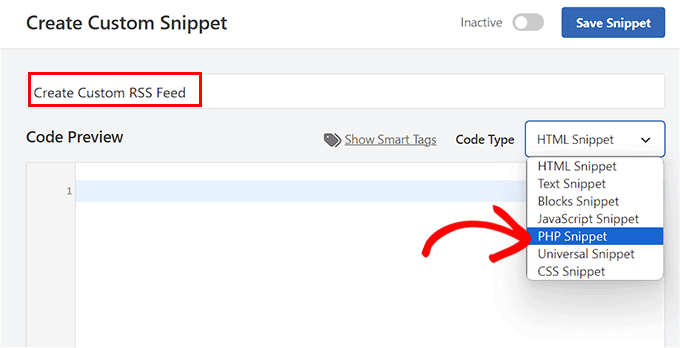 Choose the PHP Snippet option to create a custom RSS feed
