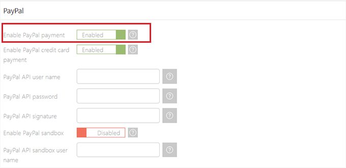 Enable PayPal payment and provide credentials