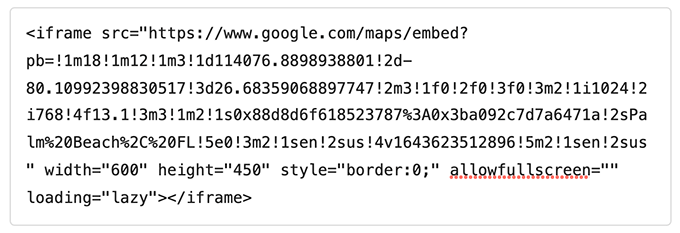 Google 地图 iFrame 在块编辑器中嵌入代码