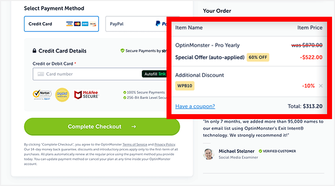 Complete checkout on OptinMonster