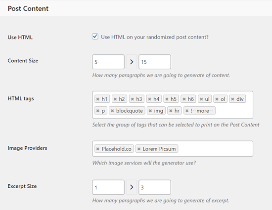 Content settings for fake data generator