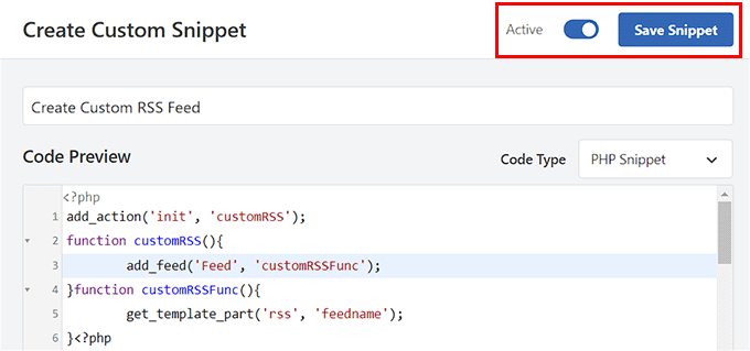 Save the custom RSS feed custom snippet
