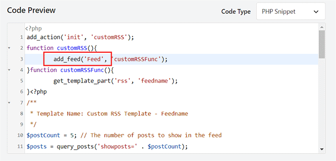 Type custom feed name in the code