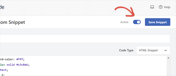 Activating and saving the HTML snippet