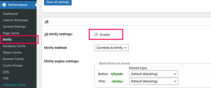 在 W3 Total Cache 中启用 JS minify