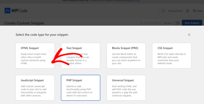 Select HTML Snippet as the code type
