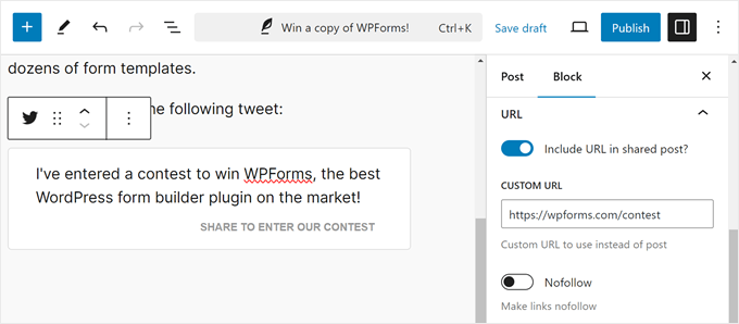 Adding a custom URL to the click to tweet box