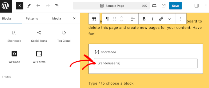 Adding the shortcode block