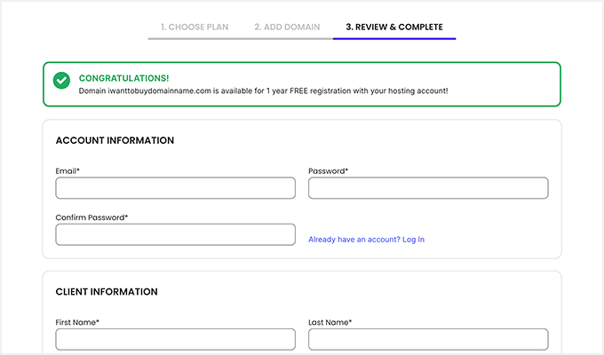 SiteGround enter your account and client details