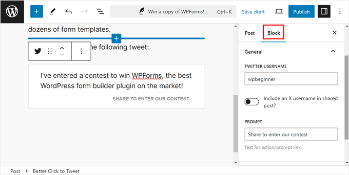 Configuring the click to tweet box settings