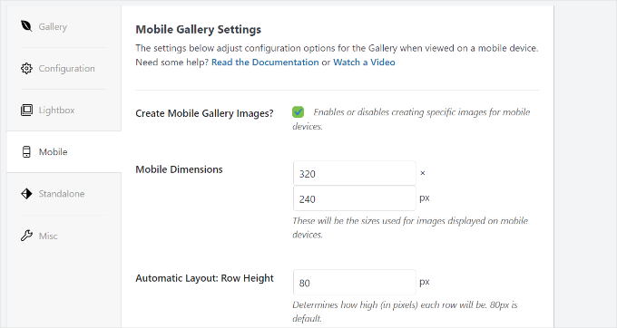 Mobile gallery settings