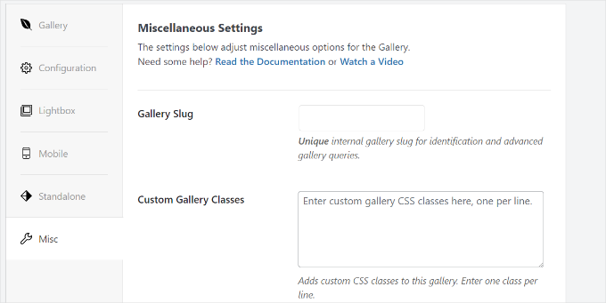 Miscellaneous settings in Envira