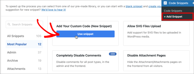 add custom code snippet