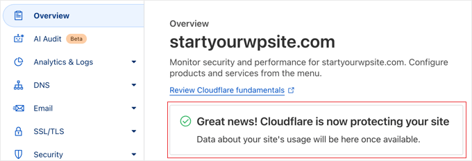 Cloudflare success message