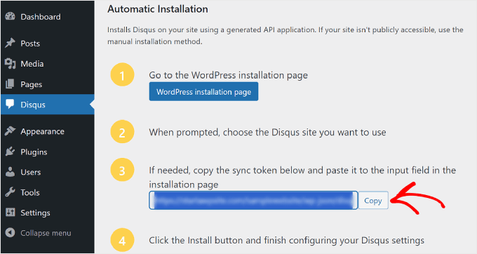 Copying the Disqus installation token in WordPress