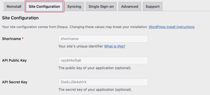 The Disqus site configuration tab