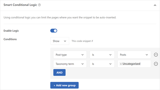 WPCode's conditional logic feature