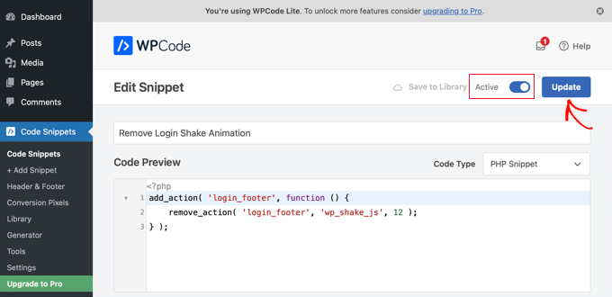 Activating the Snippet in WPCode