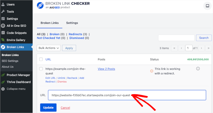 Editing broken link's URL in AIOSEO's Broken Link Checker