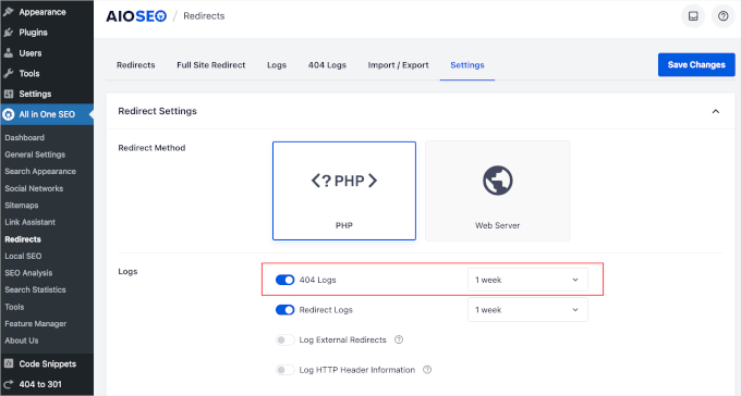 Setting up 404 log and log duration in AIOSEO