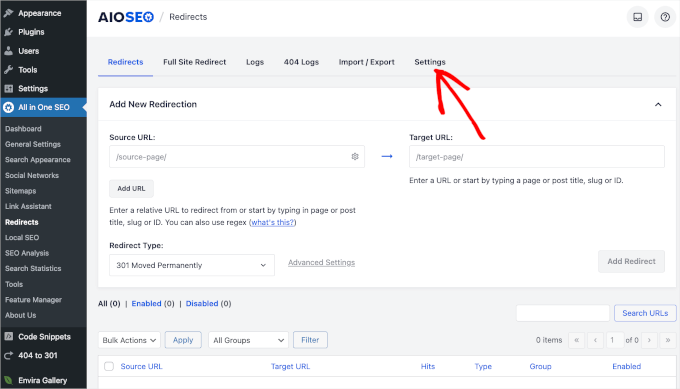 The Settings tab in AIOSEO's Redirects panel