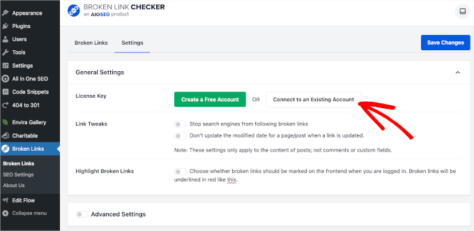 Connecting account in AIOSEO's Broken Link Checker