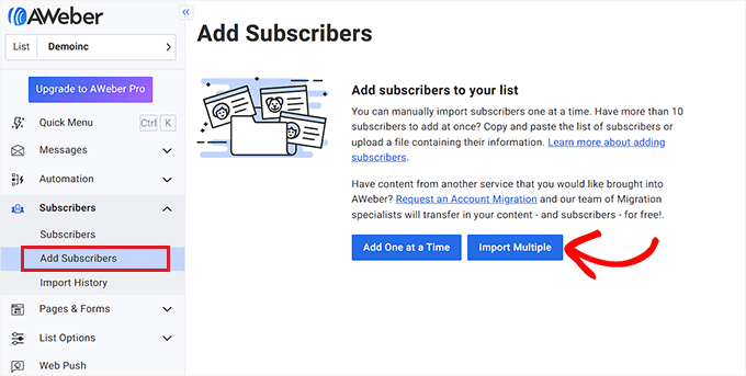 Click on Import Multiple button on AWeber dashboard