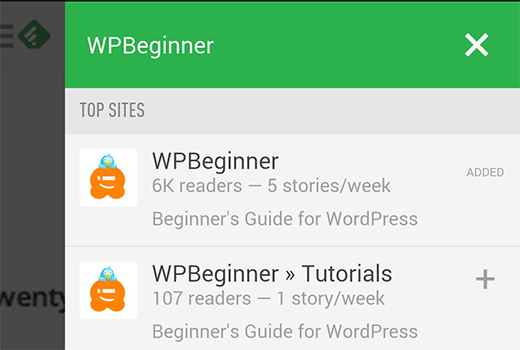 Subscribing to WPBeginner using Feedly on Android 