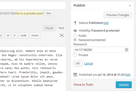 Making a WordPress post password protected or private
