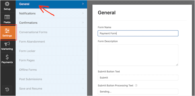 Editing the WPForms settings