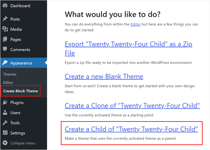 Creating a child theme with Create Block Theme plugin