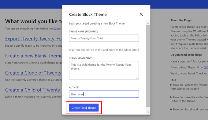 Inserting the child block theme's information in the Create Block Theme plugin