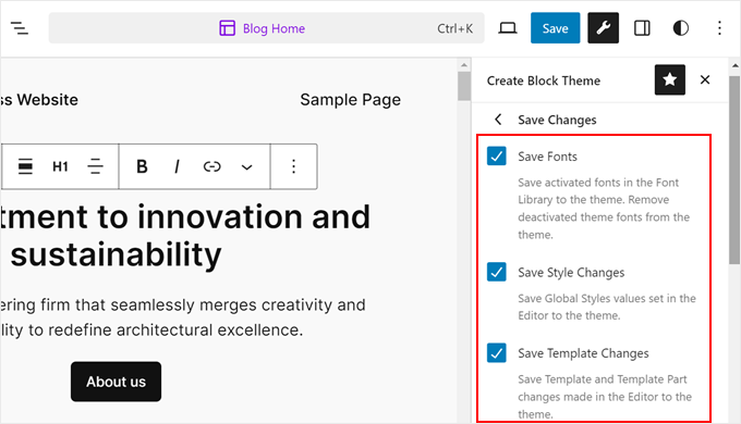 Selecting what changes to save to the child theme with the Create Block Theme plugin