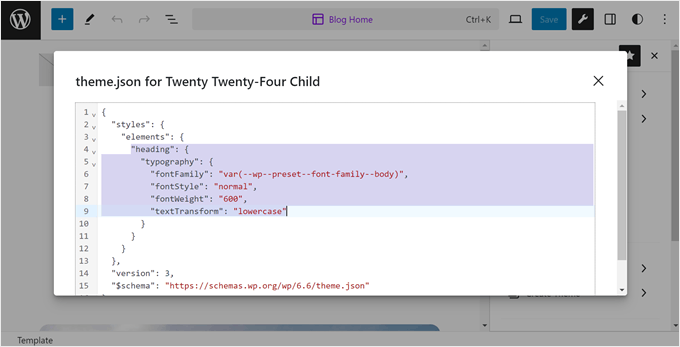 Viewing the theme.json file in the Create Block Theme plugin