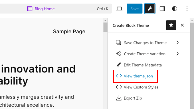 Clicking to view the theme.json file in the Create Block Theme plugin