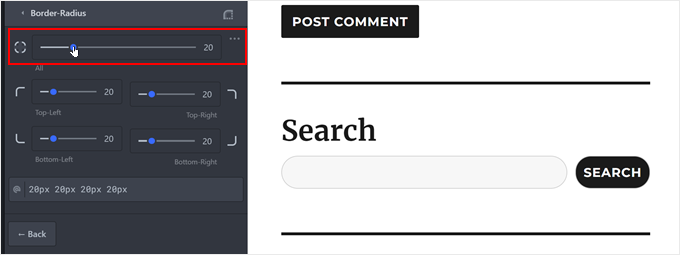 Changing a search widget's border radius in CSS Hero
