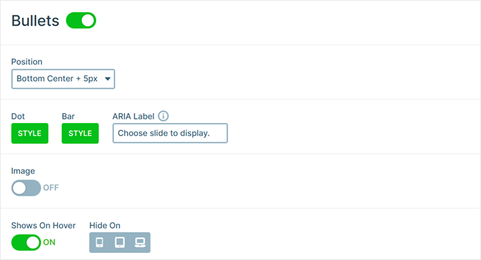 Smart Slider 3's bullet settings