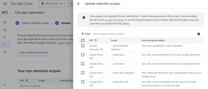 Adding scopes and APIs to a Google Cloud Console project