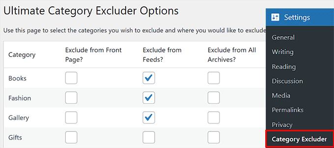 Exclude category from RSS feeds