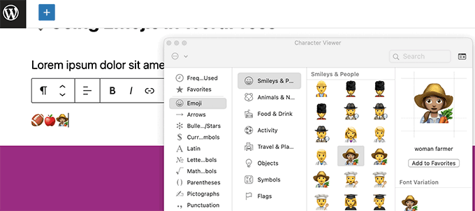 Inserting emojis in WordPress on a Mac computer