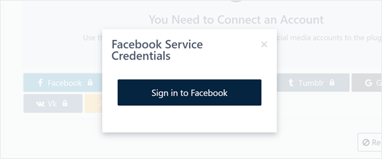 Signing in to Facebook to connect Revive Old Posts plugin with Facebook