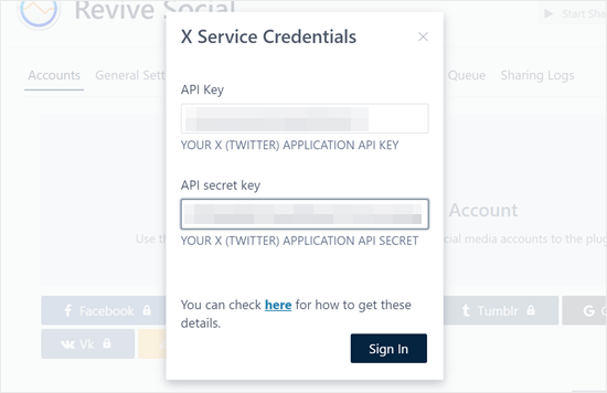 Pasting the X app credentials on the Revive Old Posts plugin