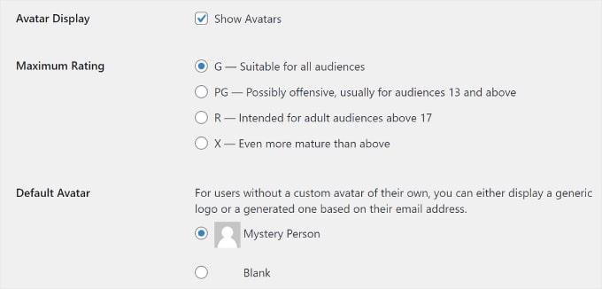 WordPress Avatars settings