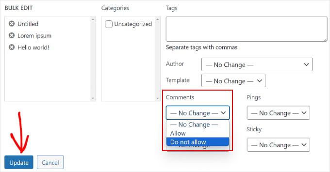 Disabling comments in bulk using the WordPress post Edit function