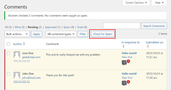 Clicking the 'Check for Spam' button on the WordPress Comments page