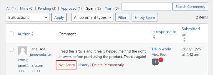 Marking a comment as Not Spam on WordPress