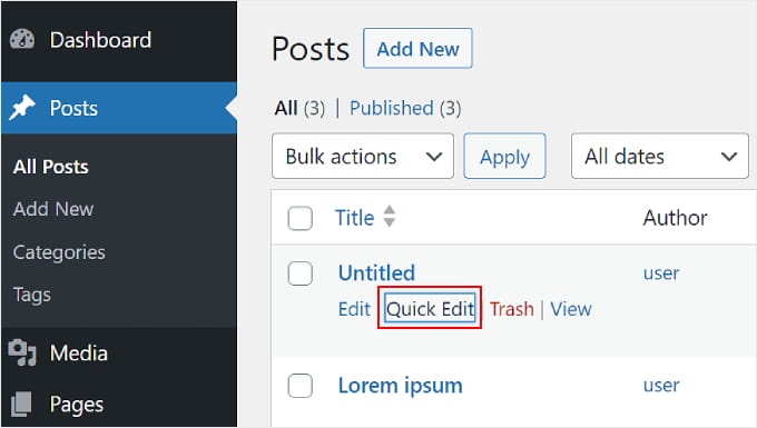 Clicking the 'Quick Edit' button on a WordPress post