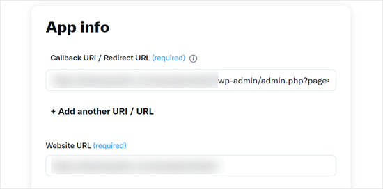 Inserting the redirect URL and website URL for the X app