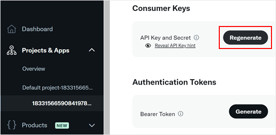 Regenerating keys and tokens on the X Developer Portal