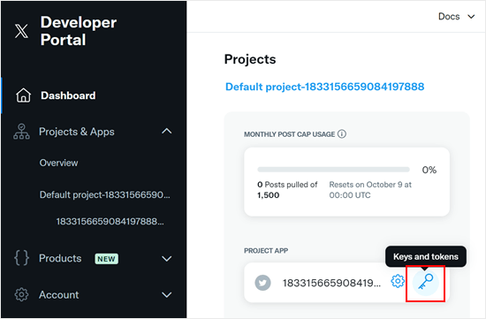 Clicking on the Keys and Tokens settings on the X Developer Portal